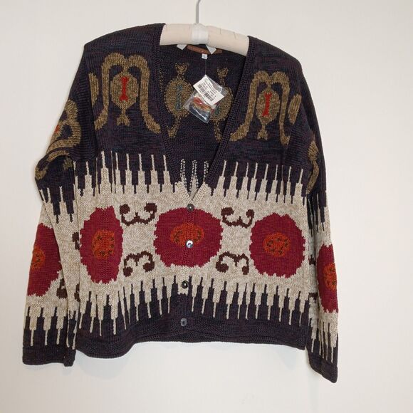 Peruvian Connection Sweaters - NOS VTG Peruvian Connection Poppies Art-Wear Pima Cotton Cardigan Sweater Sz Lg